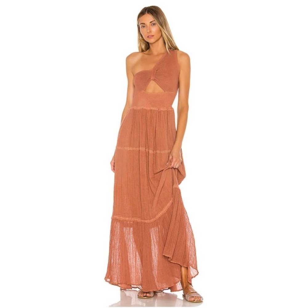 Jen's Pairate Botty Stretch One Shoulder Iberian Maxi  Dress Gauze Rust M NWT
